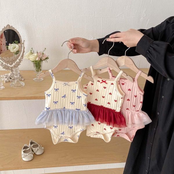 螺紋愛心/蝴蝶結網紗拼接包屁衣 