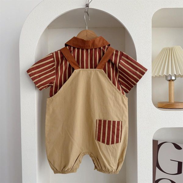 翻領條紋上衣+小熊布標吊帶褲套裝 