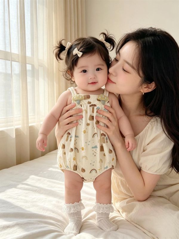 Ins風可愛小蘑菇無袖背帶包屁衣 