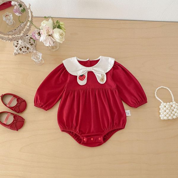 翻領草莓兔子刺繡包屁衣 