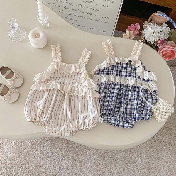 蕾絲拼接格紋/條紋背帶包屁衣 