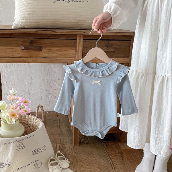 荷葉領甜美素色彈力純棉包屁衣 