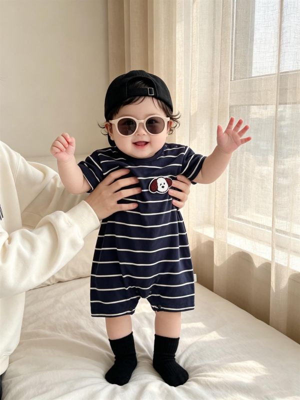 狗狗貼布條紋彈力連身裝(2色) 