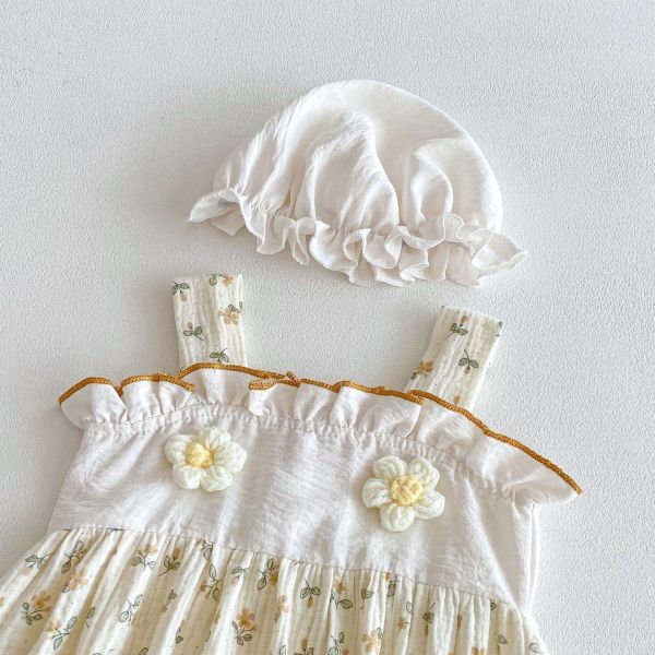 田園風碎花背帶鬆緊包屁衣+帽 