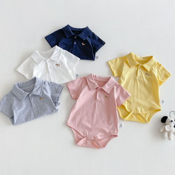 狗狗刺繡POLO翻領素色包屁衣 