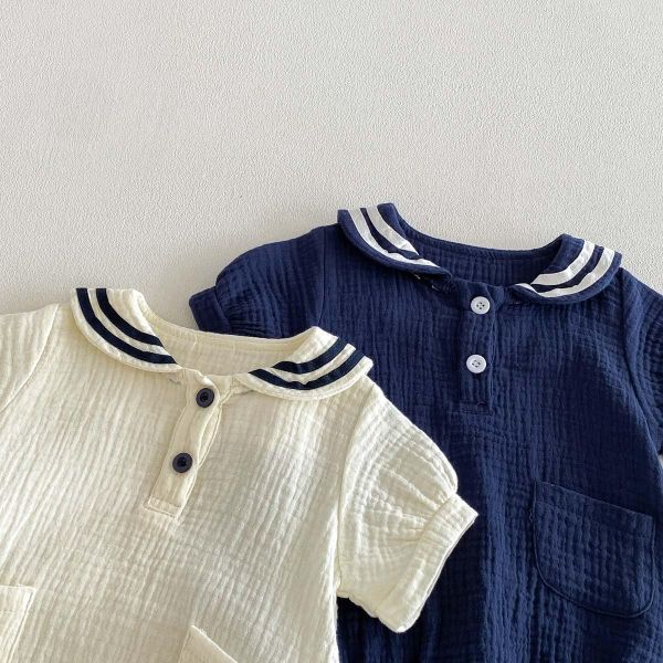 海軍風翻領棉麻雙扣包屁衣 