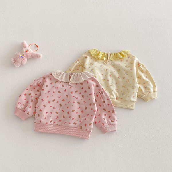 滿印碎花/小熊蕾絲花領上衣 