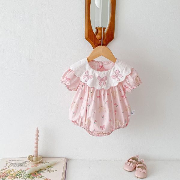 蝴蝶結花邊翻領透氣包屁衣 