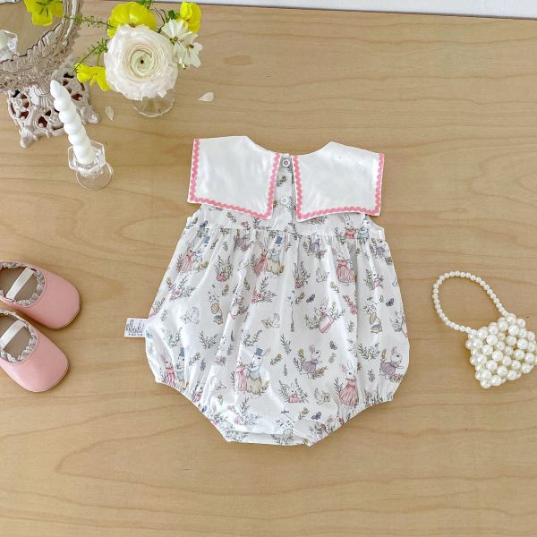 大方領兔子碎花田園包屁衣 