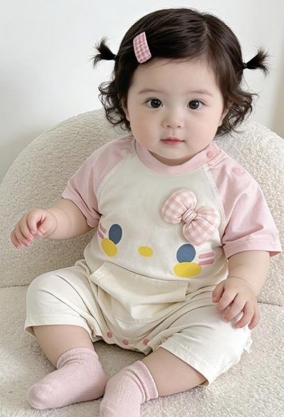 立體蝴蝶結可愛貓咪印花拼袖連身裝 