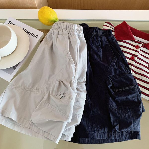 New素色雙拉鍊口袋五分短褲 