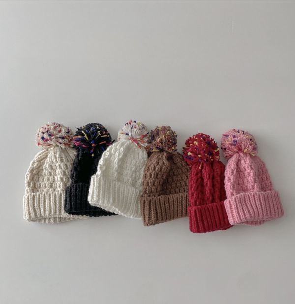 混織大毛球針織反摺毛帽 