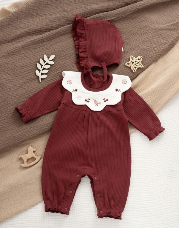 新生兒花領酒紅包屁衣/連身裝 