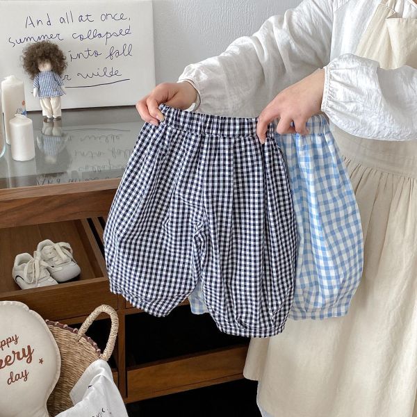 純棉透氣雙色格紋鬆緊燈籠褲 