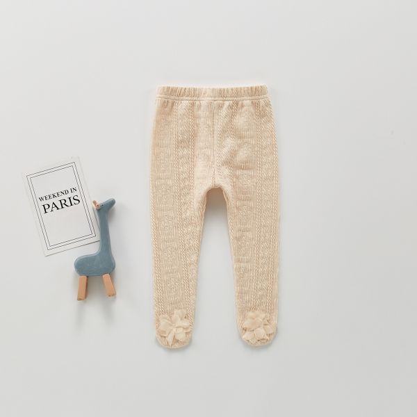 坑條螺紋素色立體小花連腳褲 