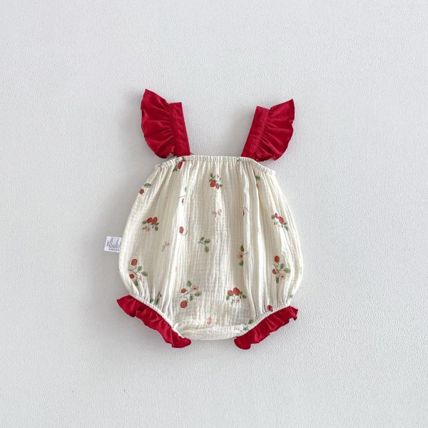 可愛草莓抓皺棉背帶包屁衣 