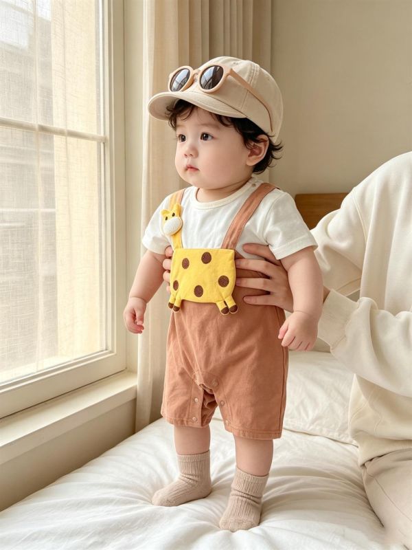 假兩件長頸鹿貼布吊帶連身裝 