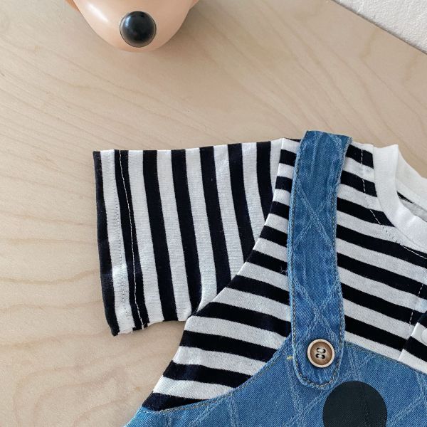 假兩件條紋牛仔米奇連身裝 