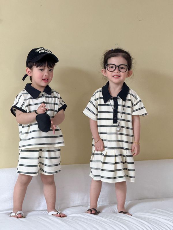 男女童經典條紋翻領套裝/洋裝 