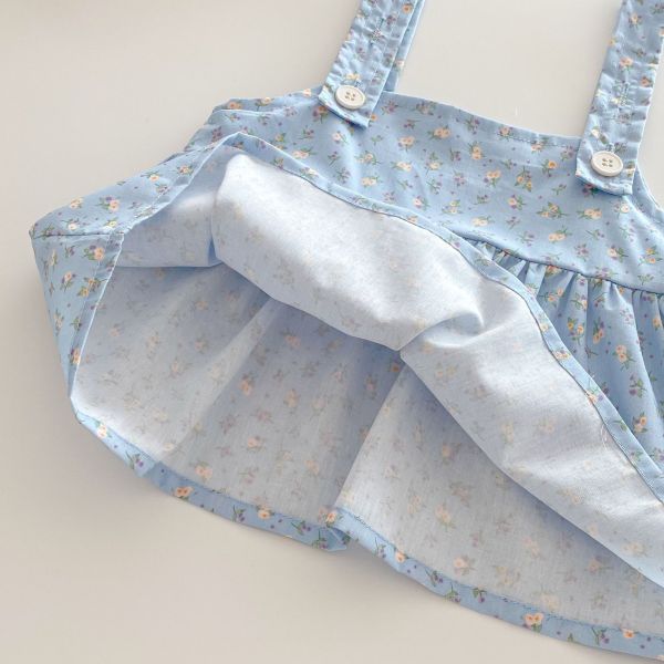 公主澎袖螺紋包屁衣+碎花吊帶裙套裝 