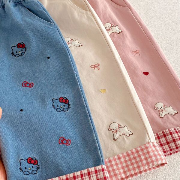 蝴蝶結/小羊格紋反折直筒長褲 