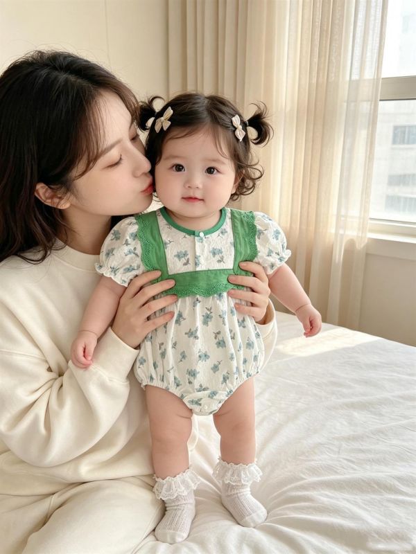 田園碎花綠方領包屁衣 