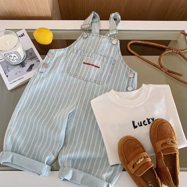 刷舊豎條紋水洗牛仔吊帶褲 