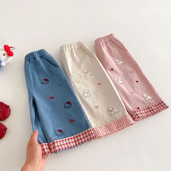 蝴蝶結/小羊格紋反折直筒長褲 