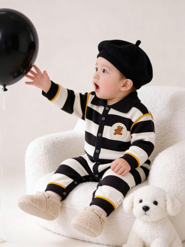 小熊圓標翻領條紋連身裝(3色) 