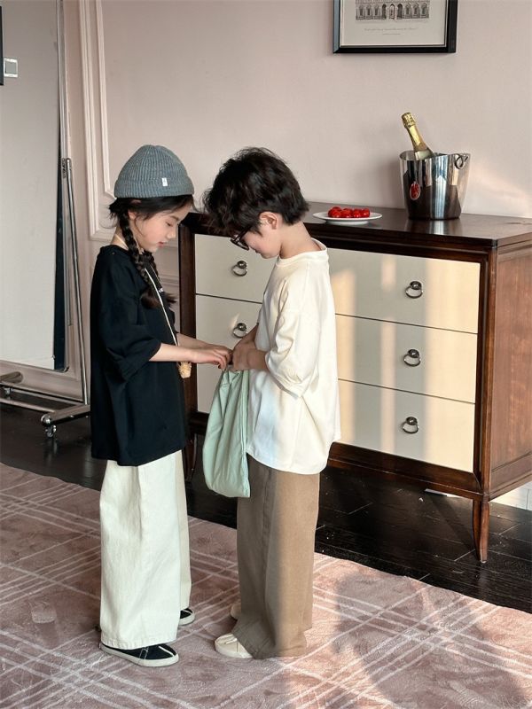 素色休閒直筒兩色長褲 