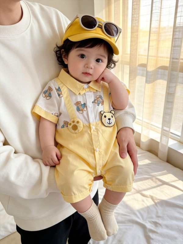 假兩件翻領小熊吊帶連身裝 