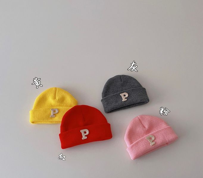 P字刺繡針織瓜皮毛帽(13色) 
