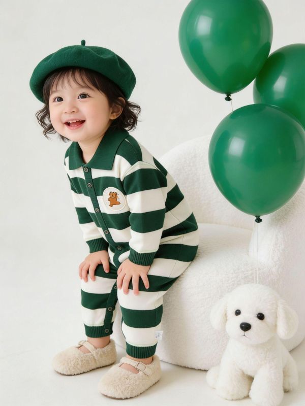 小熊圓標翻領條紋連身裝(3色) 