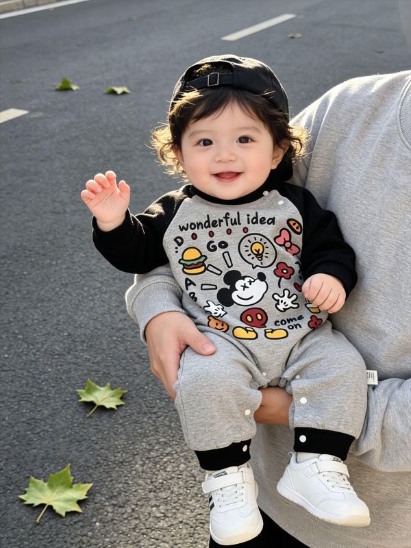 可愛塗鴉米奇卡通拼袖連身裝 