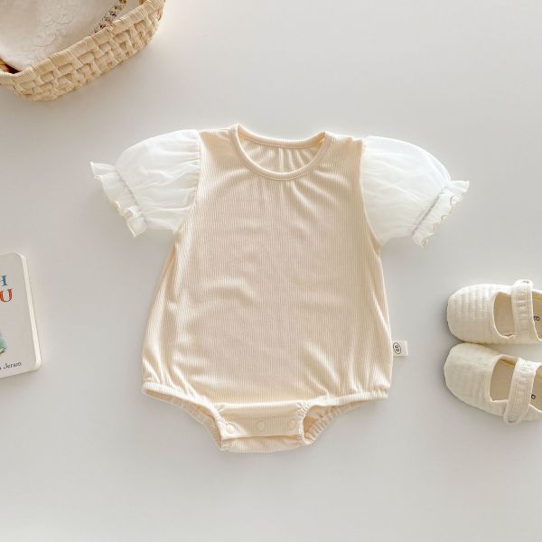 公主澎袖螺紋包屁衣+碎花吊帶裙套裝 