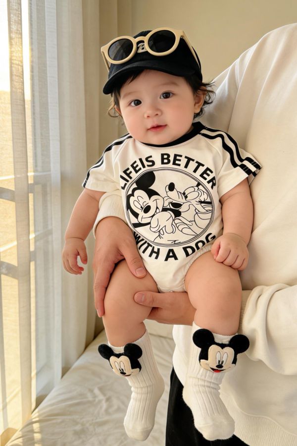 落肩雙槓米奇印花寬鬆包屁衣(贈襪)(2款) 