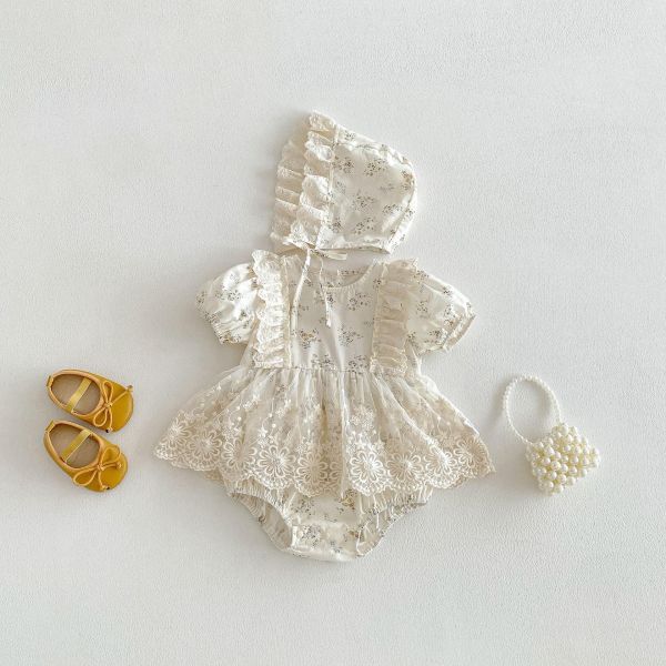 田園碎花蕾絲包屁裙+帽 