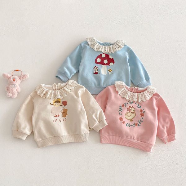 蕾絲領卡通上衣/條紋喇叭彈力褲 