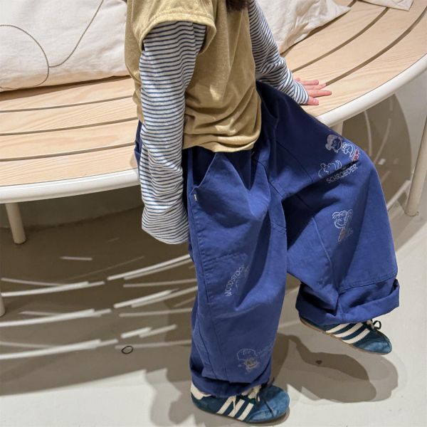 素色卡通塗鴉水洗棉休閒長褲(3色) 