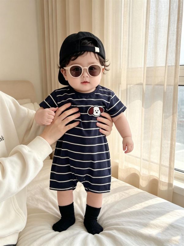 狗狗貼布條紋彈力連身裝(2色) 