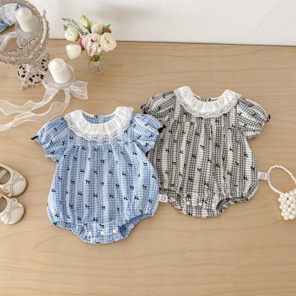 蝴蝶結格紋蕾絲花邊領包屁衣 