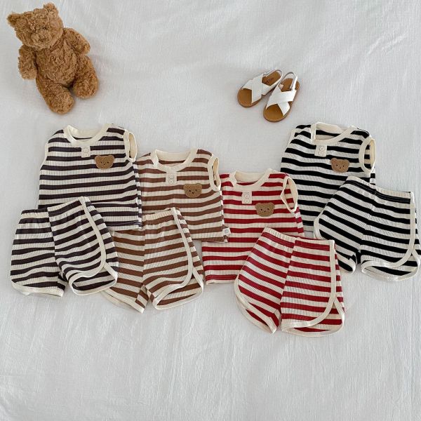 華夫格條紋小熊布標背心套裝 