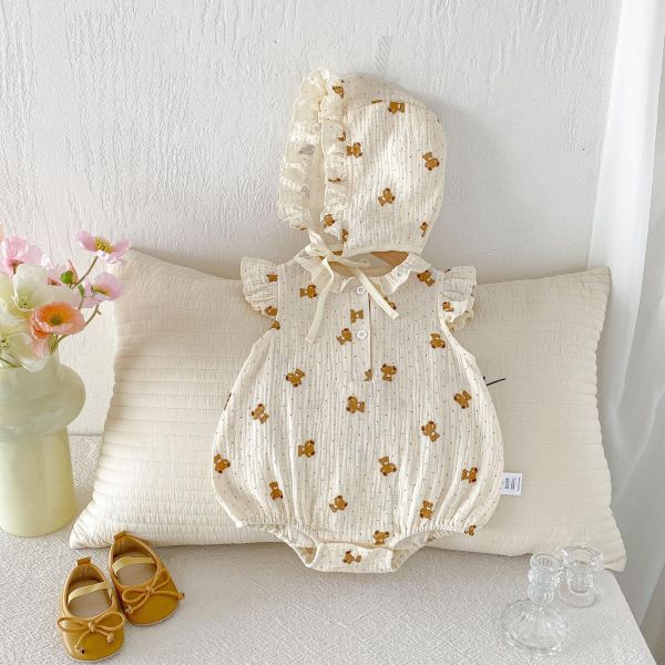 紗布棉透氣娃娃領小熊包屁衣+帽 