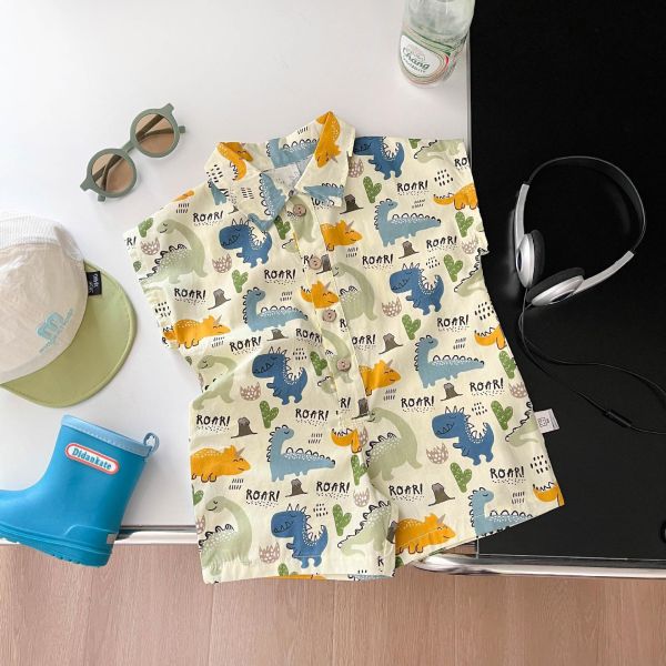 滿印恐龍翻領開釦連身裝 