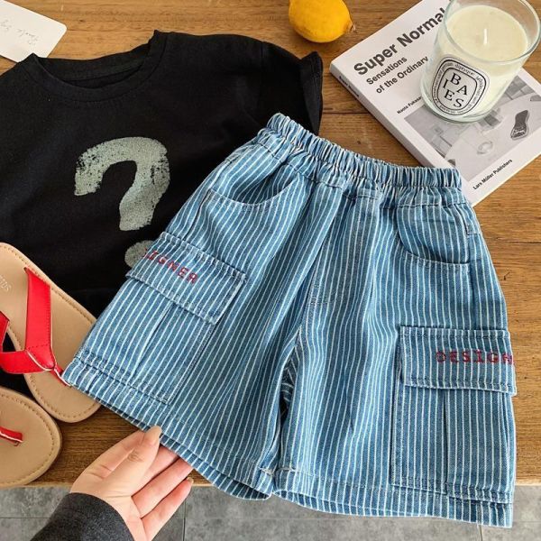 豎條紋牛仔雙口袋五分短褲 