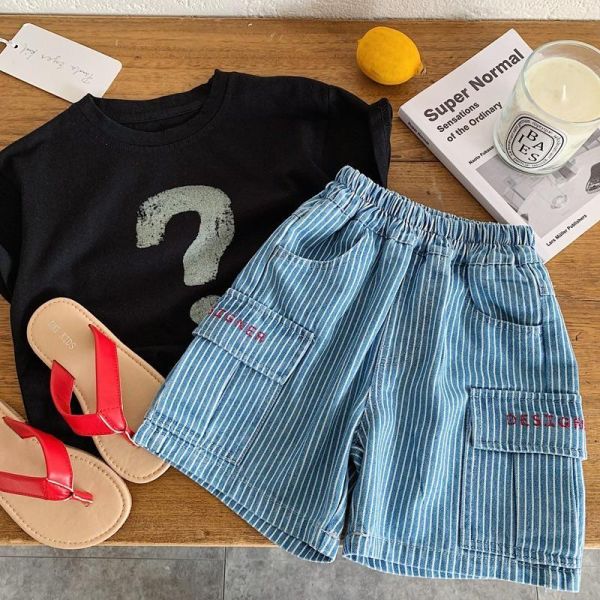 豎條紋牛仔雙口袋五分短褲 