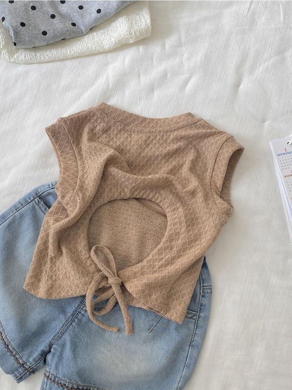 微露背綁繩透膚素色背心 