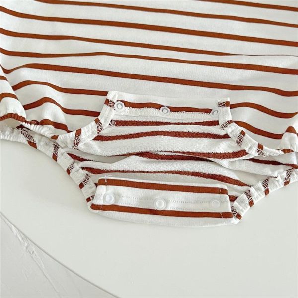 翻領條紋前後領結小熊包屁衣 