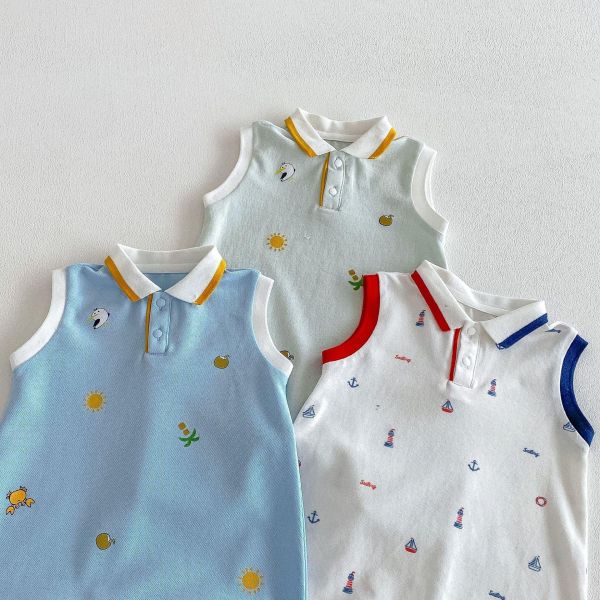 Polo翻領可愛印花雙釦連身裝 