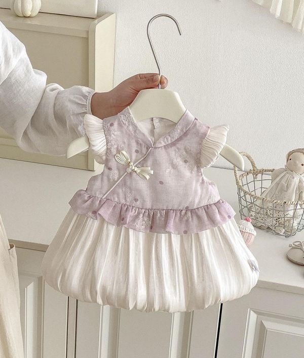 復古旗袍拼接澎裙連身裙 